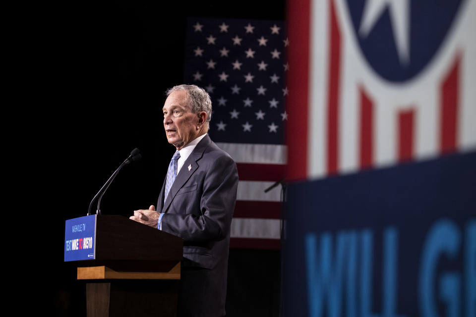 NASHVILLE, TN - FEBRUARY 12:  Democratic presidential candidate former New York City Mayor Mike Bloomberg delivers remarks during a campaign rally on February 12, 2020 in Nashville, Tennessee. Bloomberg is holding the rally to mark the beginning of early voting in Tennessee ahead of the Super Tuesday primary on March 3rd.  (Photo by Brett Carlsen/Getty Images)