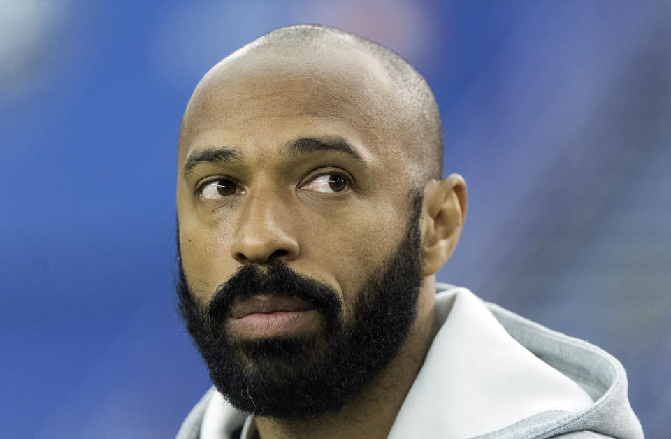 FILE - Montreal Impact head coach Thierry Henry looks on during an MLS soccer game against the New England Revolution in Montreal, in this Saturday, Feb. 29, 2020, file photo. Thierry Henry has resigned as coach of Montreal in Major League Soccer after one season on Thursday, Feb. 25, 2021, citing family reasons. (Graham Hughes/The Canadian Press via AP, File)