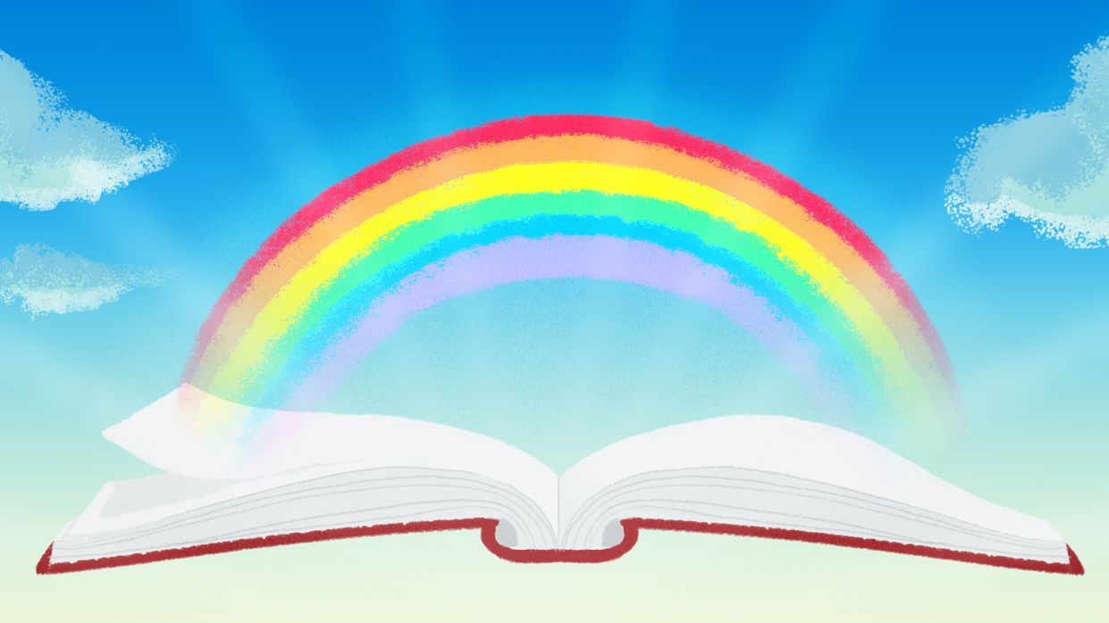 An illustration of an open book laying flat on its spine. A rainbow is hovering above the book. 