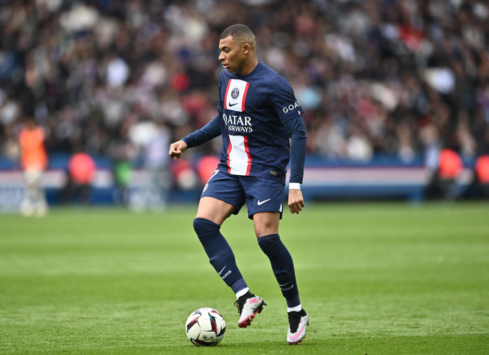 PARIS, FRANCE - APRIL 30: Kylian Mbappe of Paris Saint-Germain during the Ligue 1 match between Paris Saint-Germain and FC Lorient at Parc des Princes on April 30, 2023 in Paris, France. (Photo by Sebastian Frej/MB Media/Getty Images)