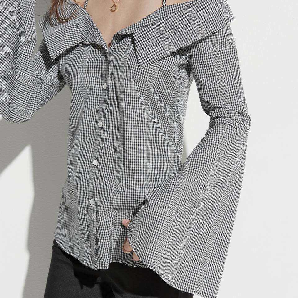 A houndstooth off-the-shoulder blouse from Kohl’s k/lab line. (Photo: Courtesy of Kohl’s)