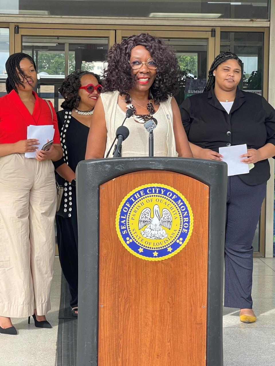 Monroe City Councilwoman Juanita Woods announced Juneteenth Celebration Month at a press conference Monday morning on the steps of Monroe City Hall.