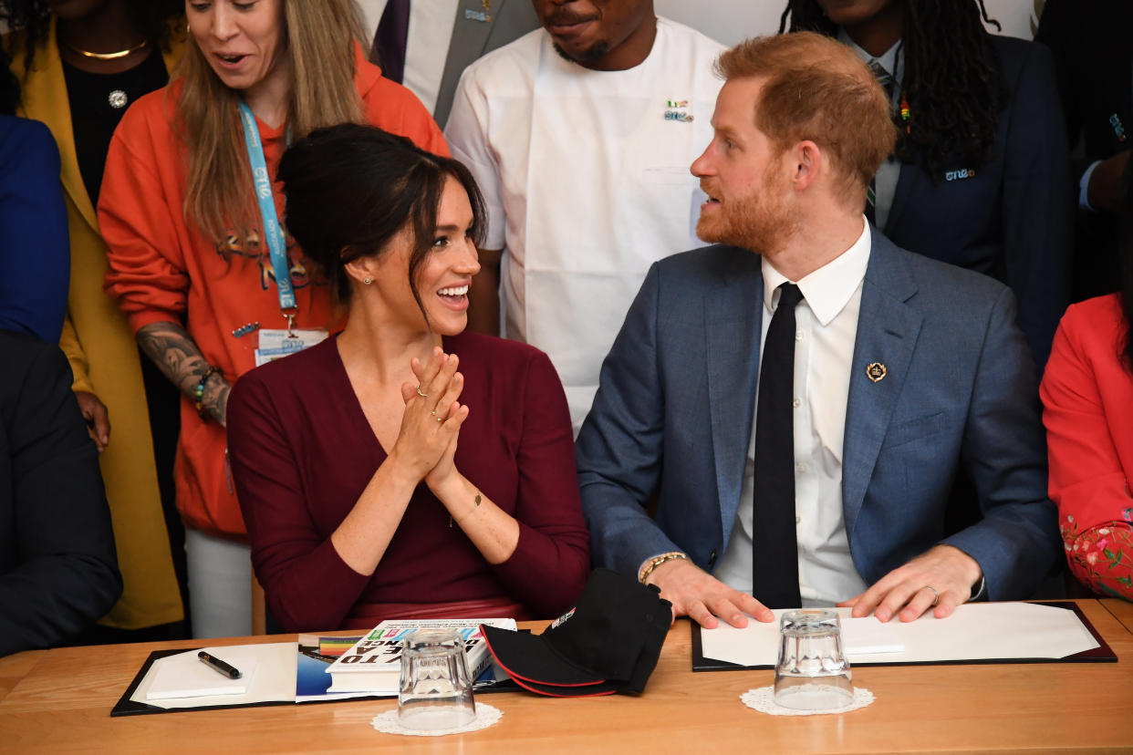 WINDSOR, UNITED KINGDOM - OCTOBER 25:  Meghan, Duchess of Sussex and Prince Harry, Duke of Sussex attend a roundtable discussion on gender equality with The Queens Commonwealth Trust (QCT) and One Young World at Windsor Castle on October 25, 2019 in Windsor, England. (Photo by Jeremy Selwyn - WPA Pool/Getty Images)