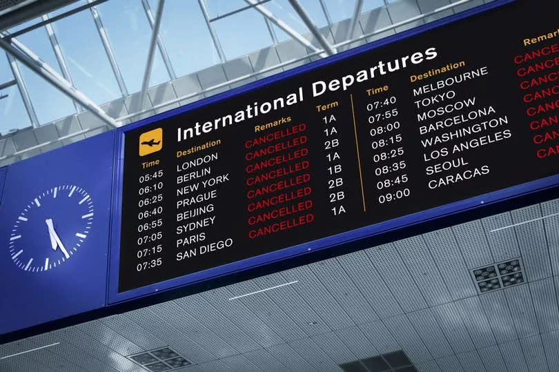 International Departures Information Board with All Flights Cancelled. Photomontage. SEE MY OTHER SIMILAR PHOTOS: