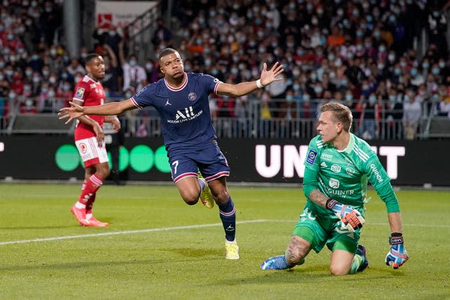 Kylian Mbappe celebrates a goal for Paris St Germain