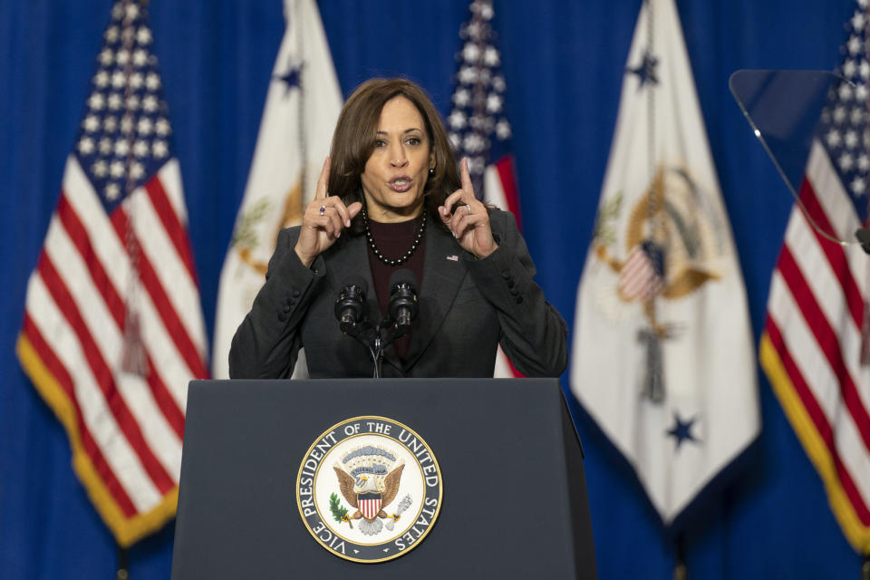 Vice President Kamala Harris speaks during a visit to the Brandywine Maintenance Facility in Prince George's County, Md., highlighting the electric vehicle investments in the bipartisan infrastructure law and the "Build Back Better Act" Monday, Dec. 13, 2021. (AP Photo/Manuel Balce Ceneta)