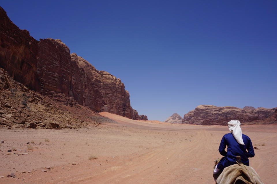 Man on camelback in the desert