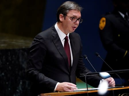 FILE PHOTO: Serbia's President Aleksandar Vucic addresses the 74th session of the United Nations General Assembly at U.N. headquarters in New York City, New York, U.S.