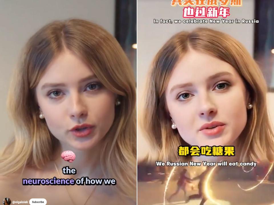 Left: Loiek speaks in a YouTube Short uploaded on her channel. Right: A deepfake of Loiek touts Russians celebrating the Lunar New Year.