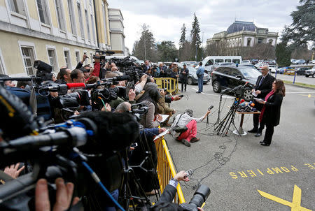 Syrian Ambassador to the U.N. Bashar al Jaafari addresses the media outside of the United Nations office in Geneva, Switzerland, February 24, 2017. REUTERS/Pierre Albouy