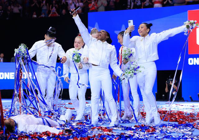 <p>Nikolas Liepins/Anadolu via Getty</p> From Left: Jordan Chiles, Leanne Wong, Joscelyn Roberson, Jade Carey, Simone Biles, Hezly Rivera and Suni Lee