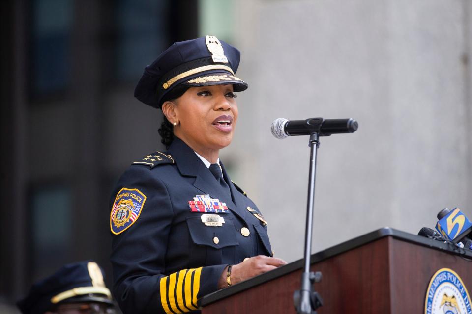 Memphis Police Chief Cerelyn "C.J." Davis speaks during the Memphis Police Department Memorial Program in Downtown Memphis, on Wednesday, May 10, 2023.