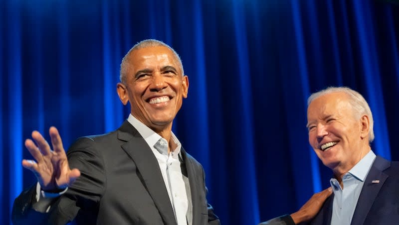 President Joe Biden, right, and former presidents Barack Obama, left, and Bill Clinton participate in a fundraising event with Stephen Colbert at Radio City Music Hall, Thursday, March 28, 2024, in New York.