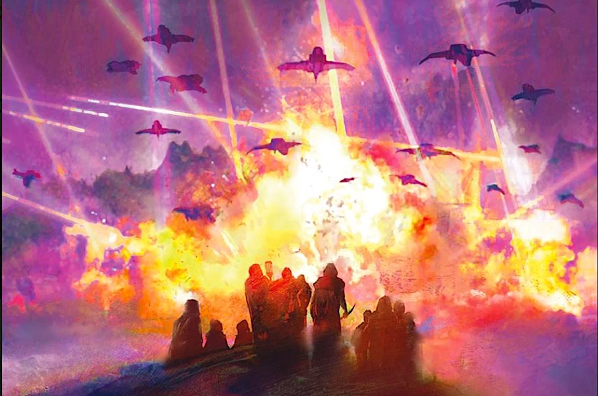  Spaceships swarm in a fiery purple sky with warriors silhouetted in the foreground. 