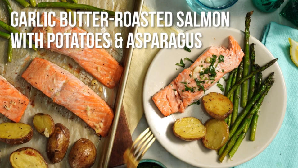 Garlic Butter-Roasted Salmon with Potatoes & Asparagus