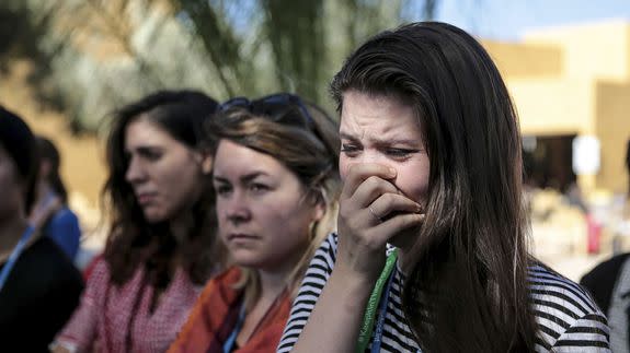 Environmental activist Bethany Hindmarsh, 26, cries during a protest against President-elect Donald Trump at the UN Climate Summit in Morocco on Nov. 9, 2016.