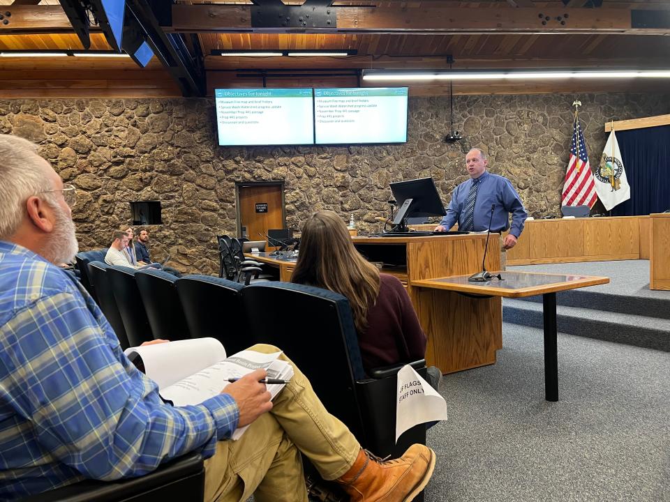 Flagstaff's Public Works Director Scott Overton provides residents with an update of Spruce Wash flood mitigation projects on Feb. 2, 2023.