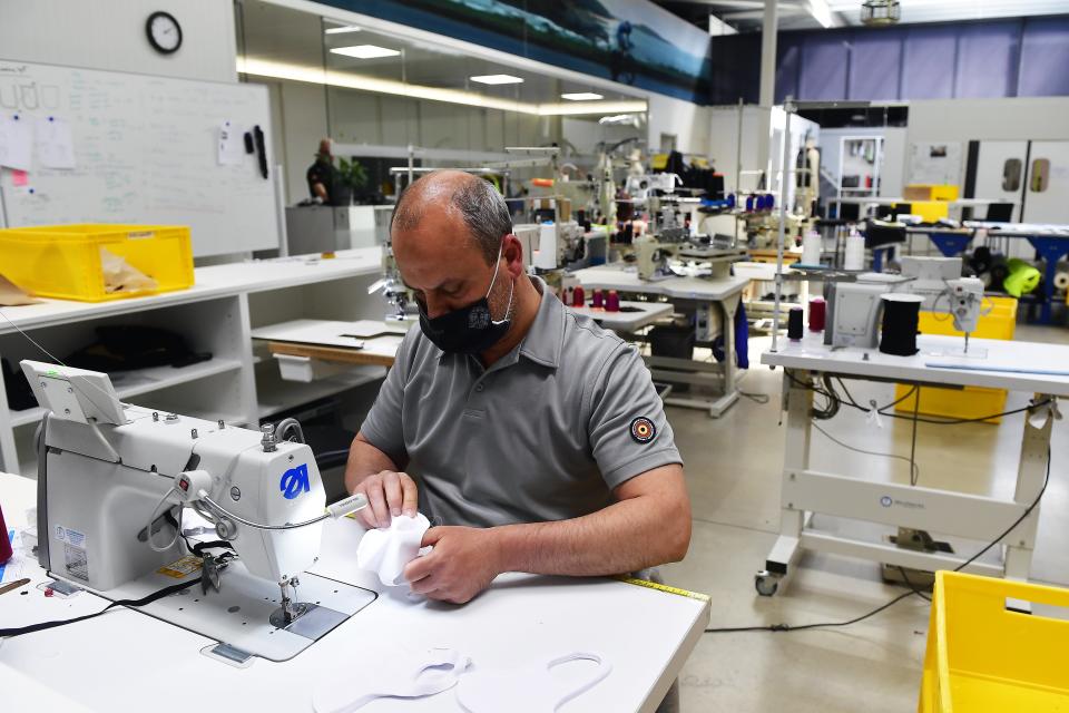 ANTWERP, BELGIUM - APRIL 27 : As a result of the containment measures to stop the spreading of Covid-19 Bioracer, a company that develops cycling clothing, started to make mouth masks on April 27, 2020 in Antwerp, Belgium, 27/04/2020 
The Belgian government decided to distribute at least one mask for each citizen. ( Photo by Peter De Voecht / Photonews via Getty Images)