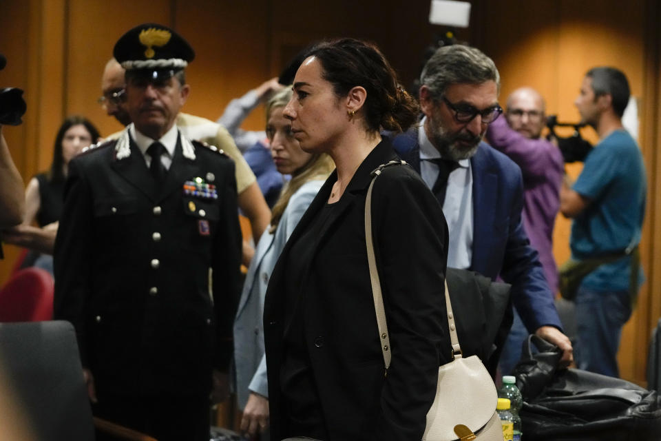 Rosa Maria Esilio, widow of Italian Carabinieri paramilitary police officer Mario Cerciello Rega, leaves after the reading of the judgment of the appeals trial for his murder, in Rome, Wednesday, July 3, 2024. (AP Photo/Alessandra Tarantino)