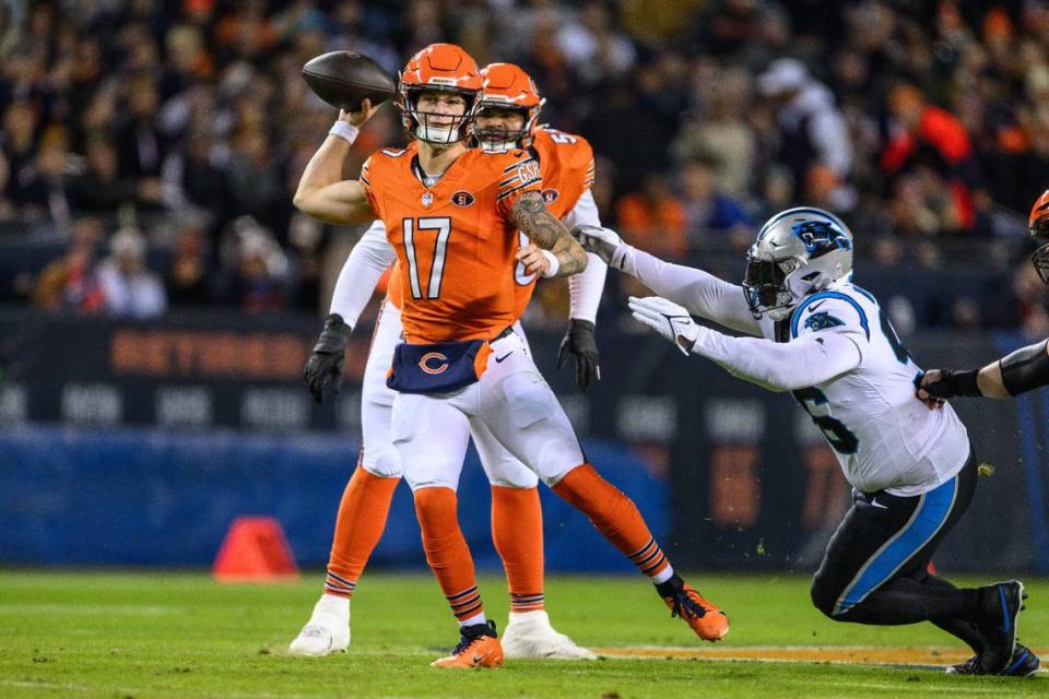 Chicago Bears quarterback Tyson Bagent (17) passes the ball against the Carolina Panthers during the first quarter at Soldier Field. Bagent, a rookie who was undrafted, outplayed Carolina’s Bryce Young, who was the No. 1 draft pick of 2023.
