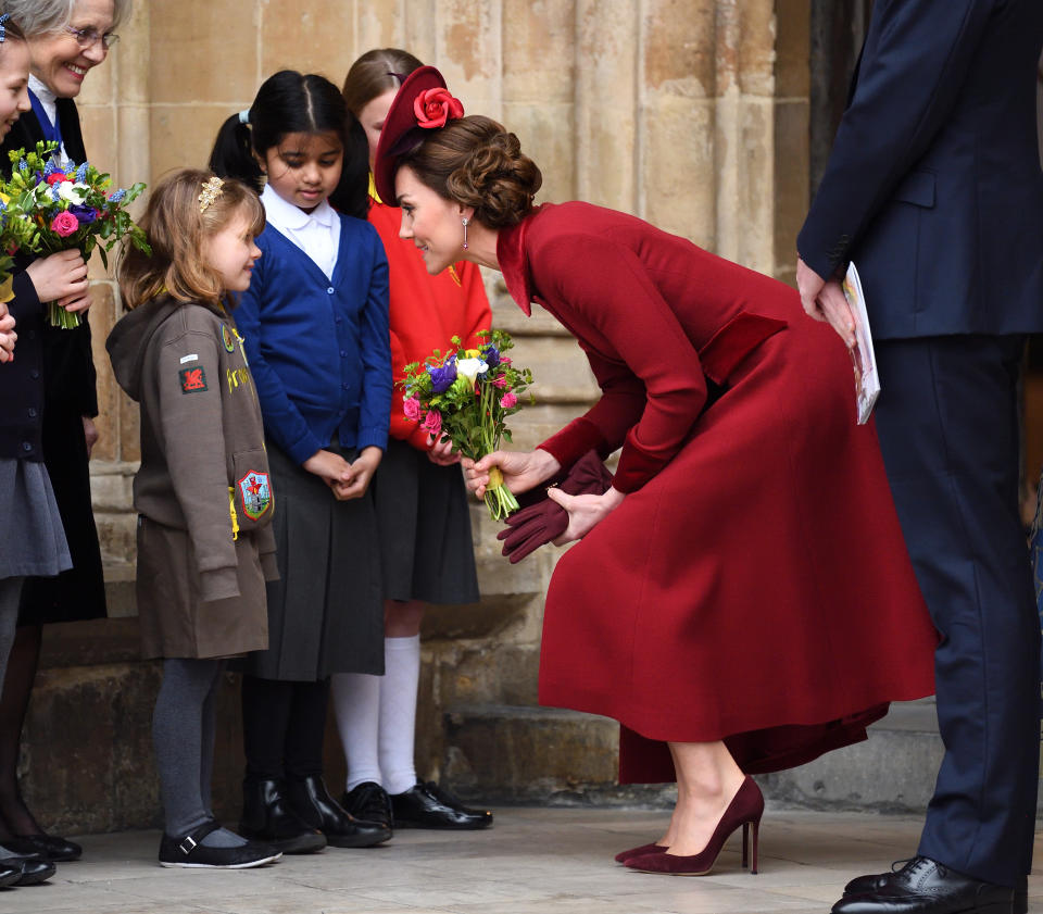 LONDON, ENGLAND - MARCH 09: Catherine, Duchess of Cambridge departs after attending the Commonwealth Day Service 2020 at Westminster Abbey on March 09, 2020 in London, England. (Photo by Karwai Tang/WireImage)