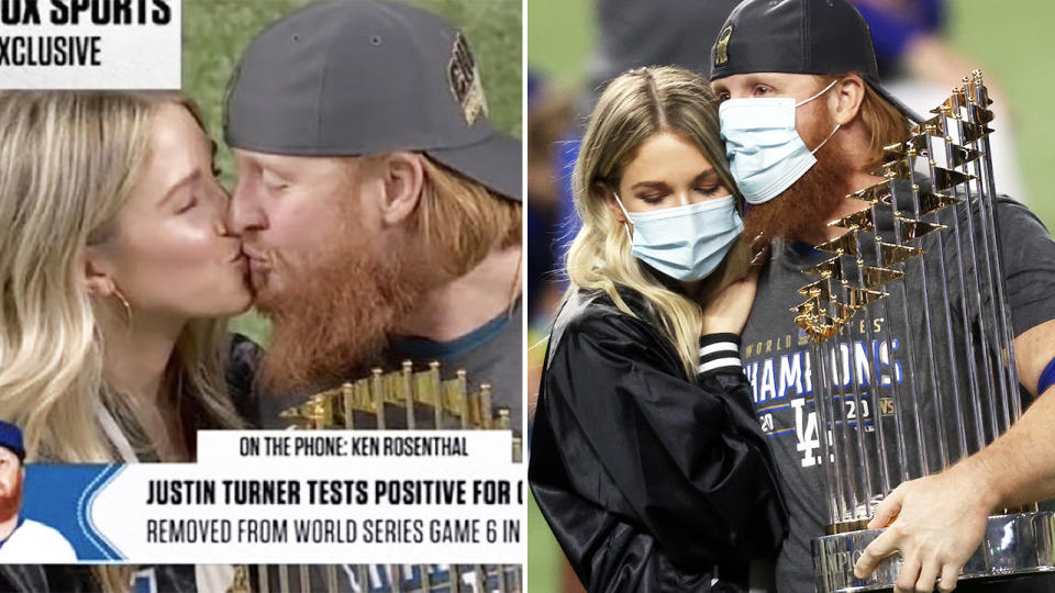 Justin Turner, pictured here holding the trophy and kissing his wife after World Series Game 6.