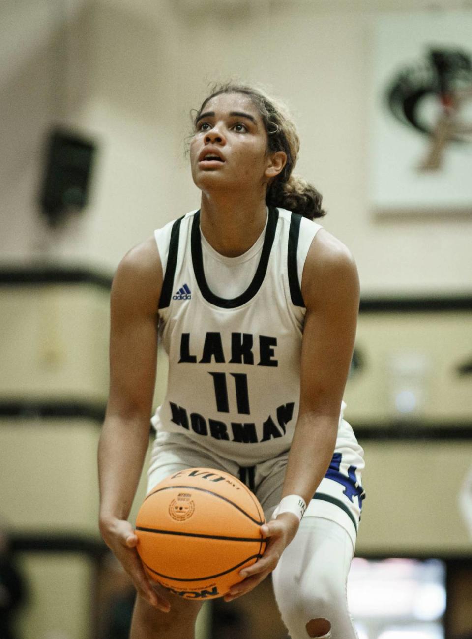 Lake Norman’s Kirsten Lewis-Williams shoots a freethrow. Lake Norman would play Charlotte Catholic in the NC 4A Western Regional championship game Saturday March 4, 2023.