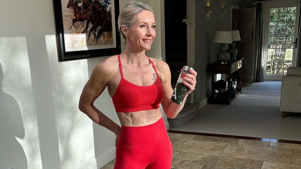 woman in red workout gear