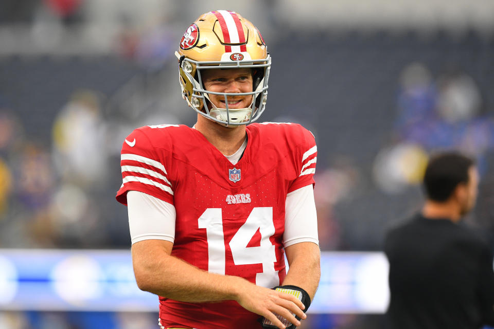 San Francisco 49ers quarterback Sam Darnold is in line to start on Sunday. (Photo by Brian Rothmuller/Icon Sportswire via Getty Images)