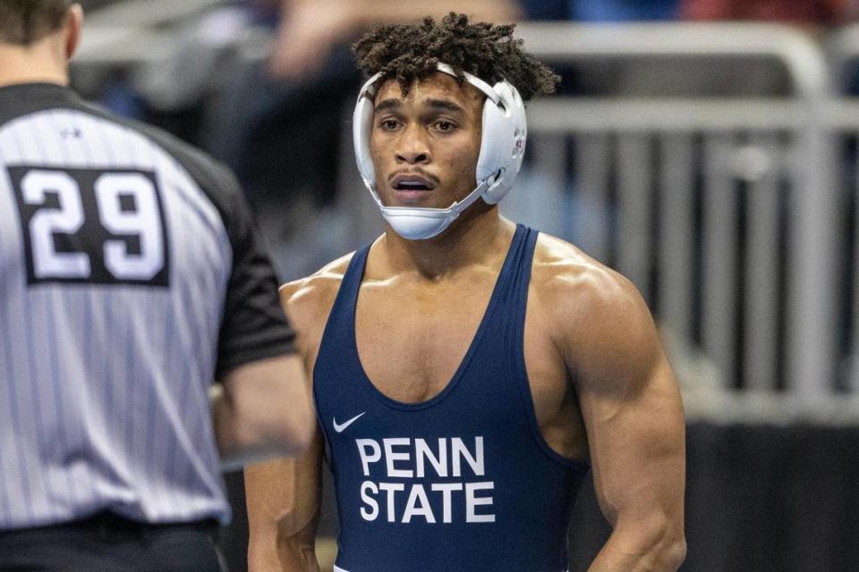 Carter Starocci of Penn State speaks with a referee before a match during the Men’s Division I NCAA Wrestling Championships at T-Mobile Center on Thursday, March 21, 2024, in Kansas City.