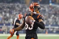 Cincinnati Bengals wide receiver Tyler Boyd (83) celebrates a two point conversation play during the second half of an NFL football game against the Dallas Cowboys Sunday, Sept. 18, 2022, in Arlington, Tx. (AP Photo/Michael Ainsworth)