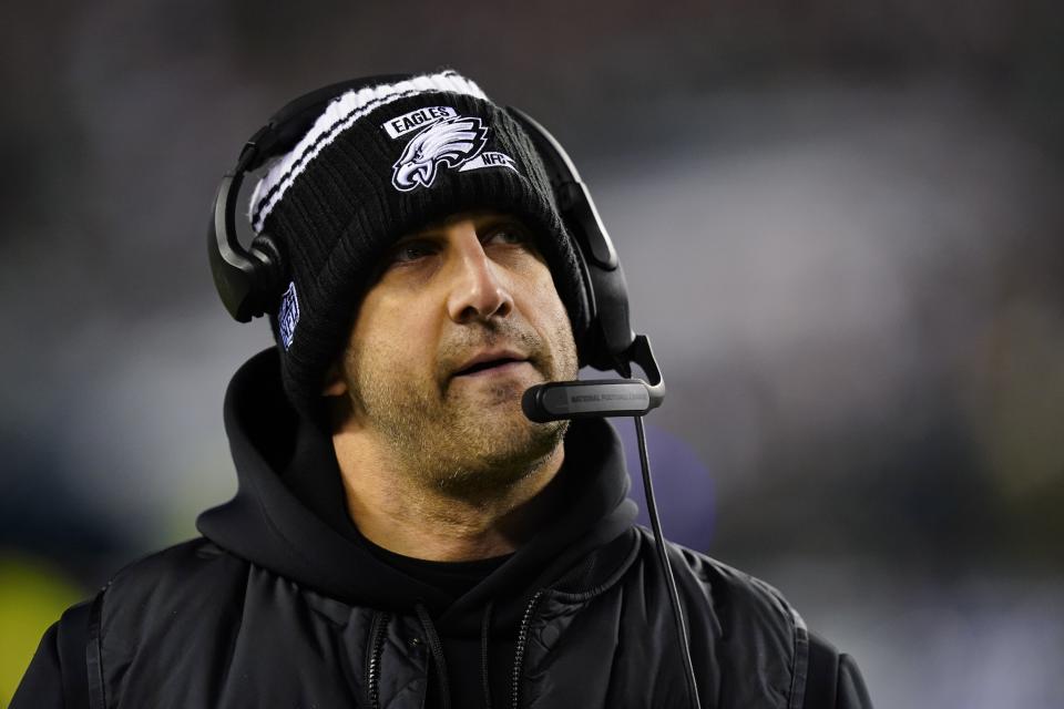 Philadelphia Eagles head coach Nick Sirianni looks on during the first half of an NFL divisional round playoff football game against the New York Giants, Saturday, Jan. 21, 2023, in Philadelphia. (AP Photo/Chris Szagola)