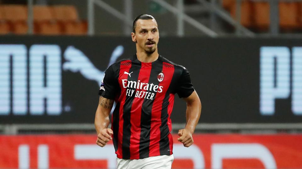 AC Milan's Zlatan Ibrahimovic controls the ball during the Serie A soccer match between AC Milan and Bologna at the San Siro stadium, in Milan, Italy, Monday, Sept. 21, 2020.