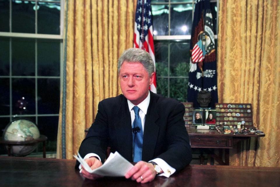 President Clinton In The Oval Office After His Television Address To The Nation On Nato Bombing Of Serb Forces In Kosovo, March 24, 1999 In Washington Dc. (Photo By Pool/Getty Images)