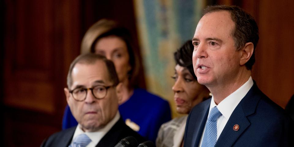 Rep. Adam Schiff, D-Calif., Chairman of the House Intelligence Committee, right, speaks with from left Chairman of the House Judiciary Committee Jerrold Nadler, D-N.Y., House Speaker Nancy Pelosi and Chairwoman of the House Financial Services Committee Maxine Waters, D-Calif., second from right, during a news conference to unveil articles of impeachment against President Donald Trump, abuse of power and obstruction of Congress, Tuesday, Dec. 10, 2019, on Capitol Hill in Washington. (AP Photo/Andrew Harnik)