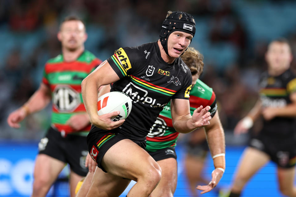 SYDNEY, AUSTRALIA - MAY 02:  Brad Schneider of the Panthers makes a break to score a try during the round nine NRL match between South Sydney Rabbitohs and Penrith Panthers at Accor Stadium on May 02, 2024, in Sydney, Australia. (Photo by Cameron Spencer/Getty Images)