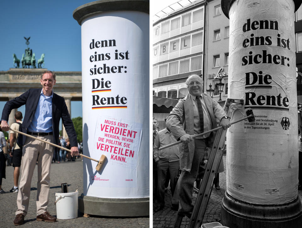 Dauerthema Rente: 1986 klebt Sozialminister Norbert Blüm sein berühmtes Plakat: „Denn eins ist sicher: die Rente“. Links ergänzt Hubertus Pellengahr für die Initiative Neue Soziale Marktwirtschaft eine Mahnung an die Politik. - Copyright: Bernd von Jutrczenka/PEter Popp/dpa 