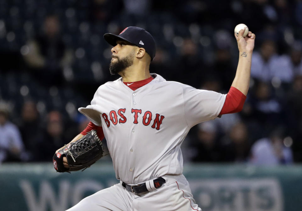 Boston Red Sox starting pitcher David Price throws to a Chicago White Sox batter during the first inning of a baseball game in Chicago, Thursday, May 2, 2019. (AP Photo/Nam Y. Huh)