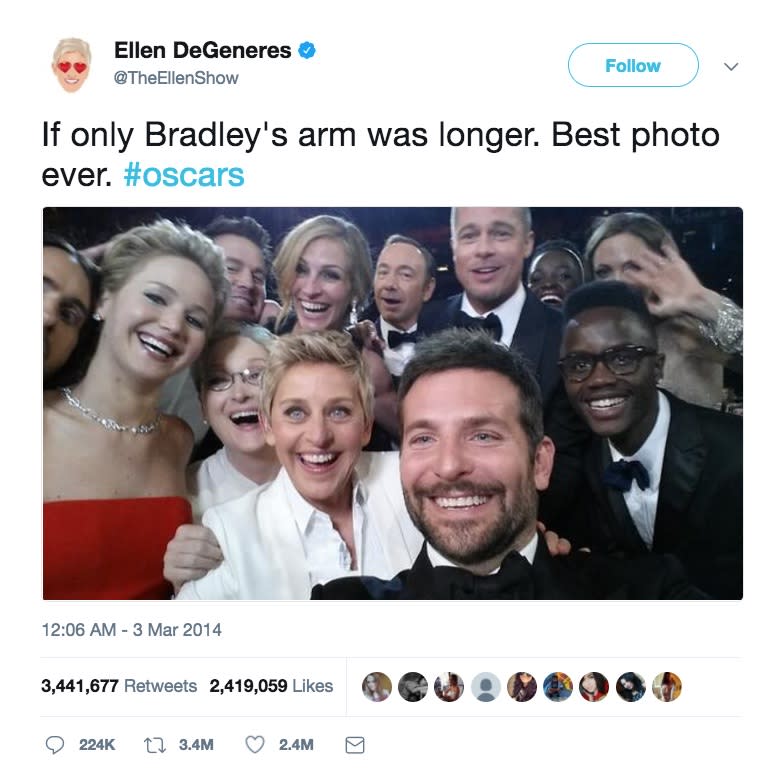 <p>Es ist wahrscheinlich das bekannteste Promi-Selfie aller Zeiten. Wer erinnert sich nicht an den Moment während der Oscarverleihung 2014, als Ellen DeGeneres gemeinsam mit Promis wie Brad Pitt, Julia Roberts, Bradley Cooper, Meryl Streep und Jennifer Lawrence in die Kamera lächelte und den Schnapsschuss veröffentlichte? Auf Twitter war das Star-Selfie lange Zeit ungeschlagen. (Bild: Twitter/@TheEllenShow) </p>