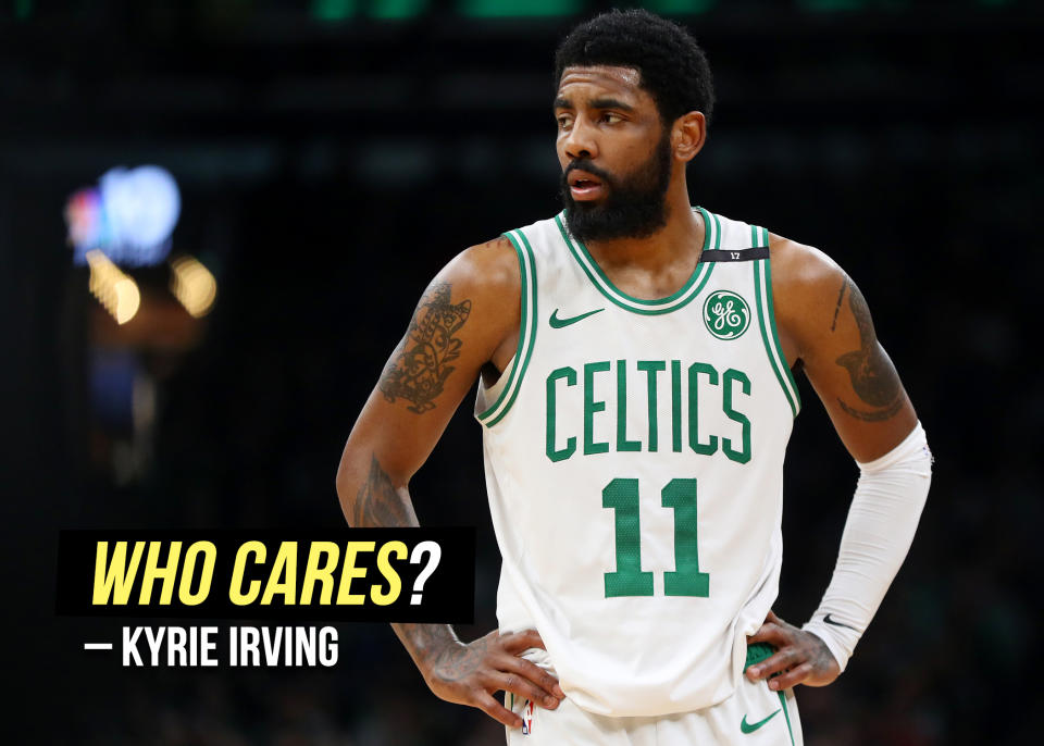 Kyrie Irving doesn't seem bothered by <a href="https://sports.yahoo.com/boston-celtics-kyrie-irving-not-bothered-shooting-struggles-playoffs-milwaukee-bucks-game-4-024931747.html" data-ylk="slk:his performance during Game 4;elm:context_link;itc:0;sec:content-canvas;outcm:mb_qualified_link;_E:mb_qualified_link;ct:story;" class="link  yahoo-link">his performance during Game 4</a>.