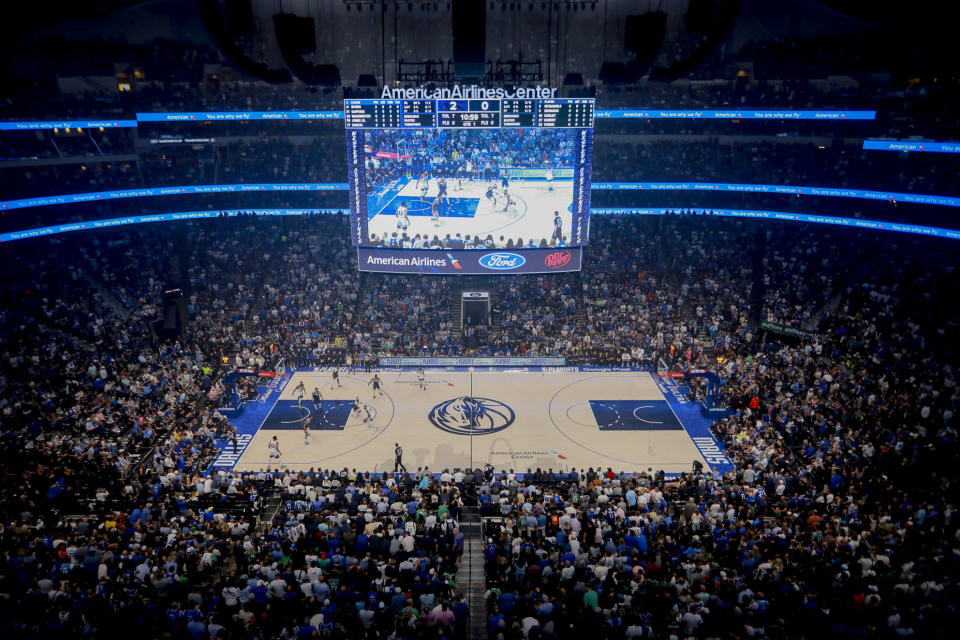 A crowd at American Airlines Center watches the beginning of Game 4 of the NBA basketball Western Conference finals between the Dallas Mavericks and the Minnesota Timberwolves, Tuesday, May 28, 2024, in Dallas. The Timberwolves won 105-100. The arena is on the verge of hosting the NHL and NBA finals as the Dallas Stars and Mavericks are currently playing in the Western Conference finals in their respective leagues. (AP Photo/Gareth Patterson)