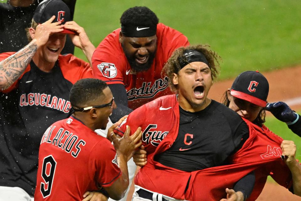 Guardians first baseman Josh Naylor celebrates his game-winning, two-run home run in the 10th inning against the Minnesota Twins, June 29, 2022, in Cleveland.