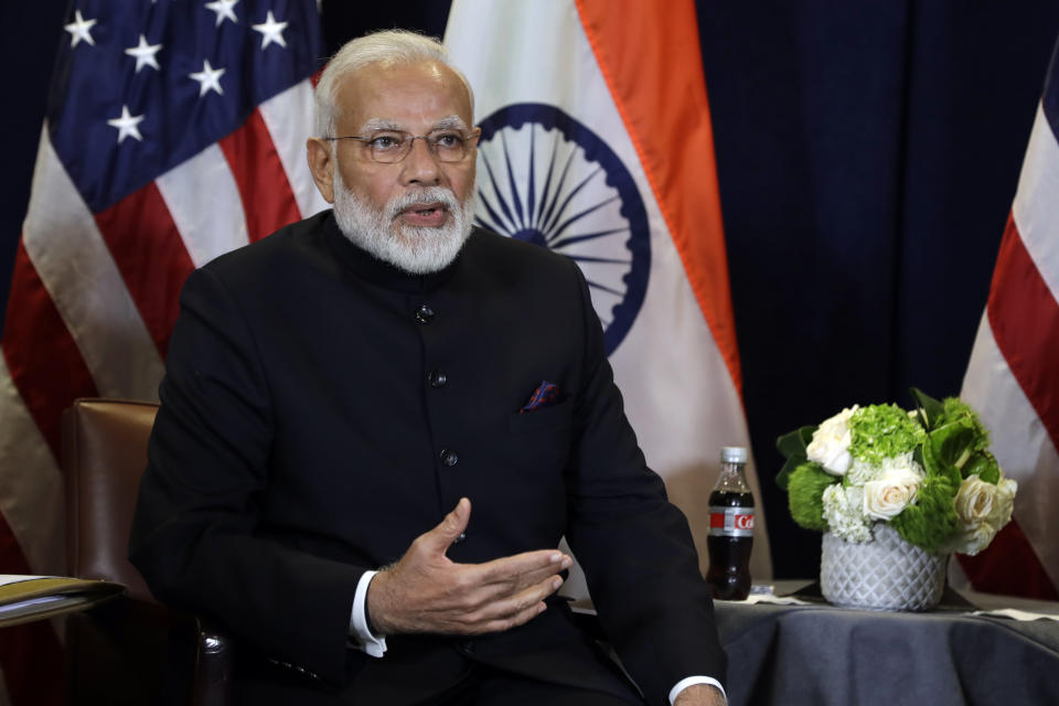 Indian Prime Minister Narendra Modi speaks while meeting President Donald Trump at the United Nations General Assembly, in New York. (AP Photo/Evan Vucci)