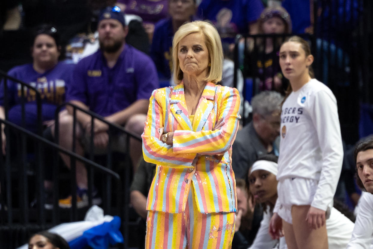 LSU coach Kim Mulkey looks on during a game against Middle Tennessee on March 24. (Stephen Lew-USA TODAY Sports)