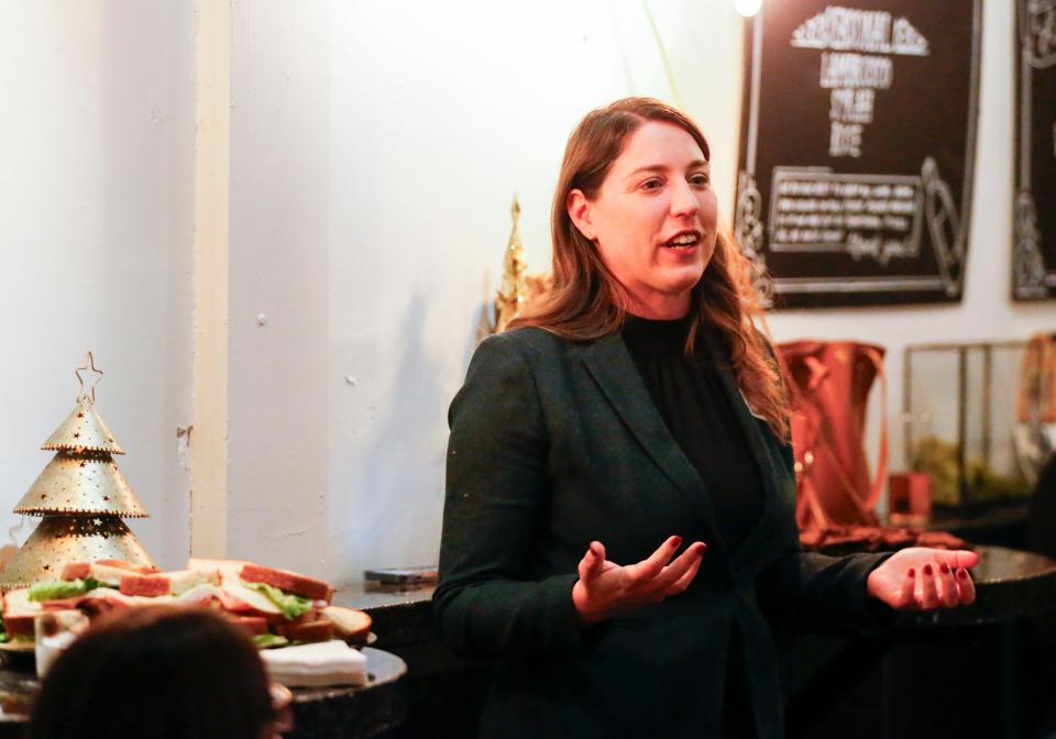 Missouri gubernatorial candidate Crystal Quade speaks at a fundraising event at Q Enoteca after she secured an endorsement from state LGBTQ+ advocacy group PROMO PAC on Thursday, Feb. 1, 2024.