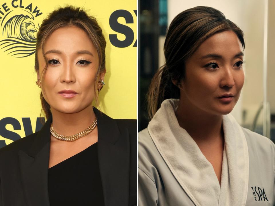 left: ashley park on the red carpet, wearing a black suit and looking towards the camera; right: ashley park as naomi in beef, looking to the side while wearing a bathrobe