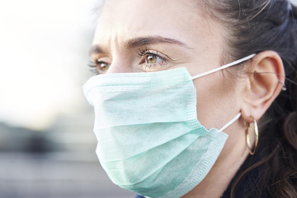 Close Up Of Young woman wearing face mask while walking in the streets of London