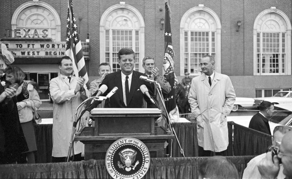 John F. Kennedy speaks to a crowd in front of Hotel Texas in Fort Worth on the morning of November 22, 1963.