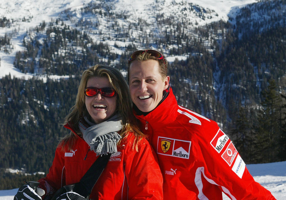 Schumacher pictured with his wife Corinna on a skiing holiday. Pic: Getty