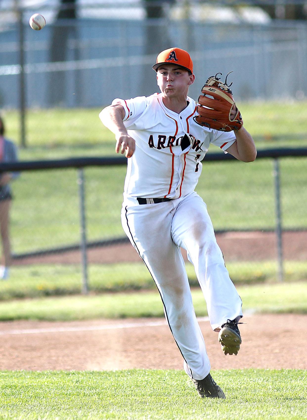 Ashland High School's Kamden Mowry (7) makes a throw to first base against Mount Vernon High School during high school baseball action Tuesday, May 10, 2022 at Bud Plank Field. TOM E. PUSKAR/TIMES-GAZETTE.COM